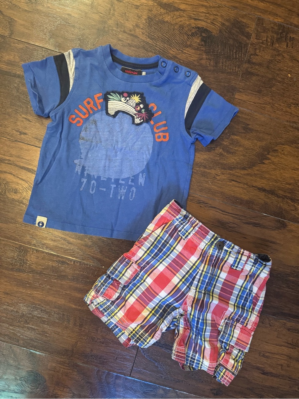 Catimini Blue Surf Club Tee with Red & Blue Plaid Hanna Shorts
